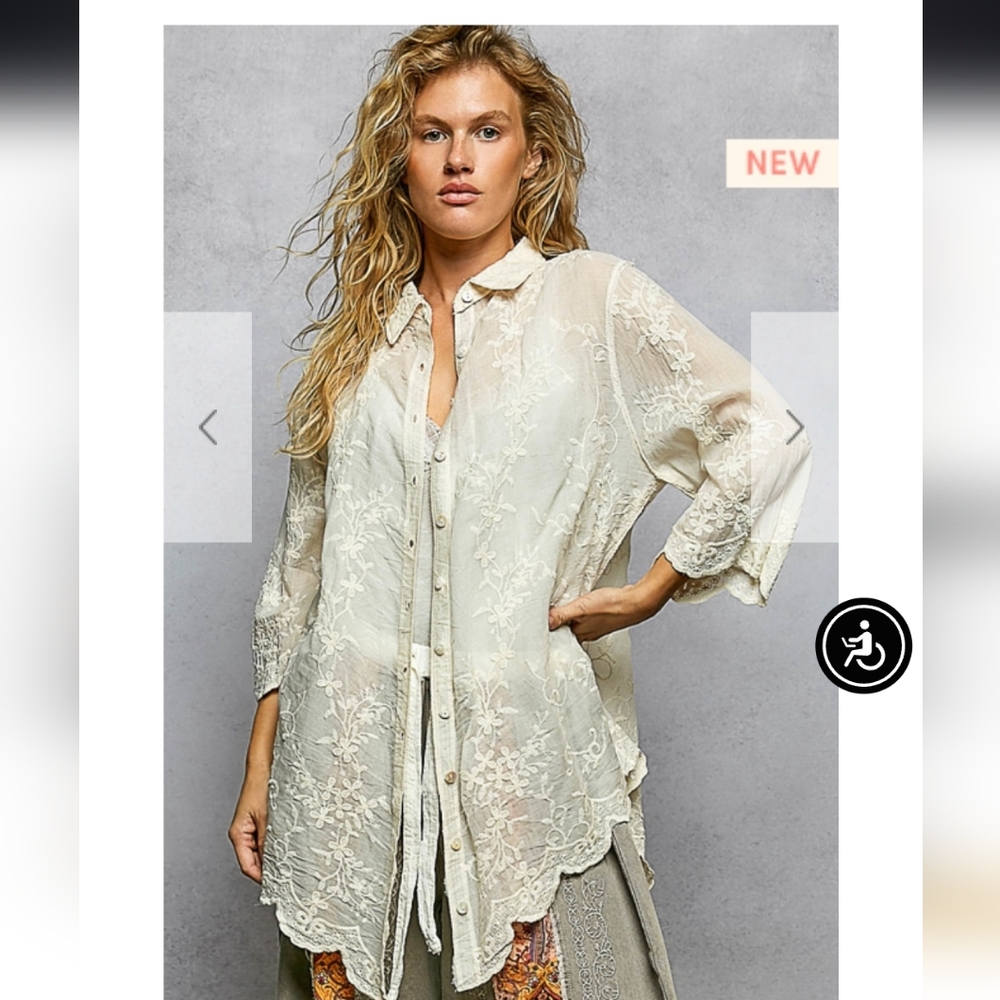 POL Sheer Embroidered Button-Down Shirt or Shirt Jacket in Cream